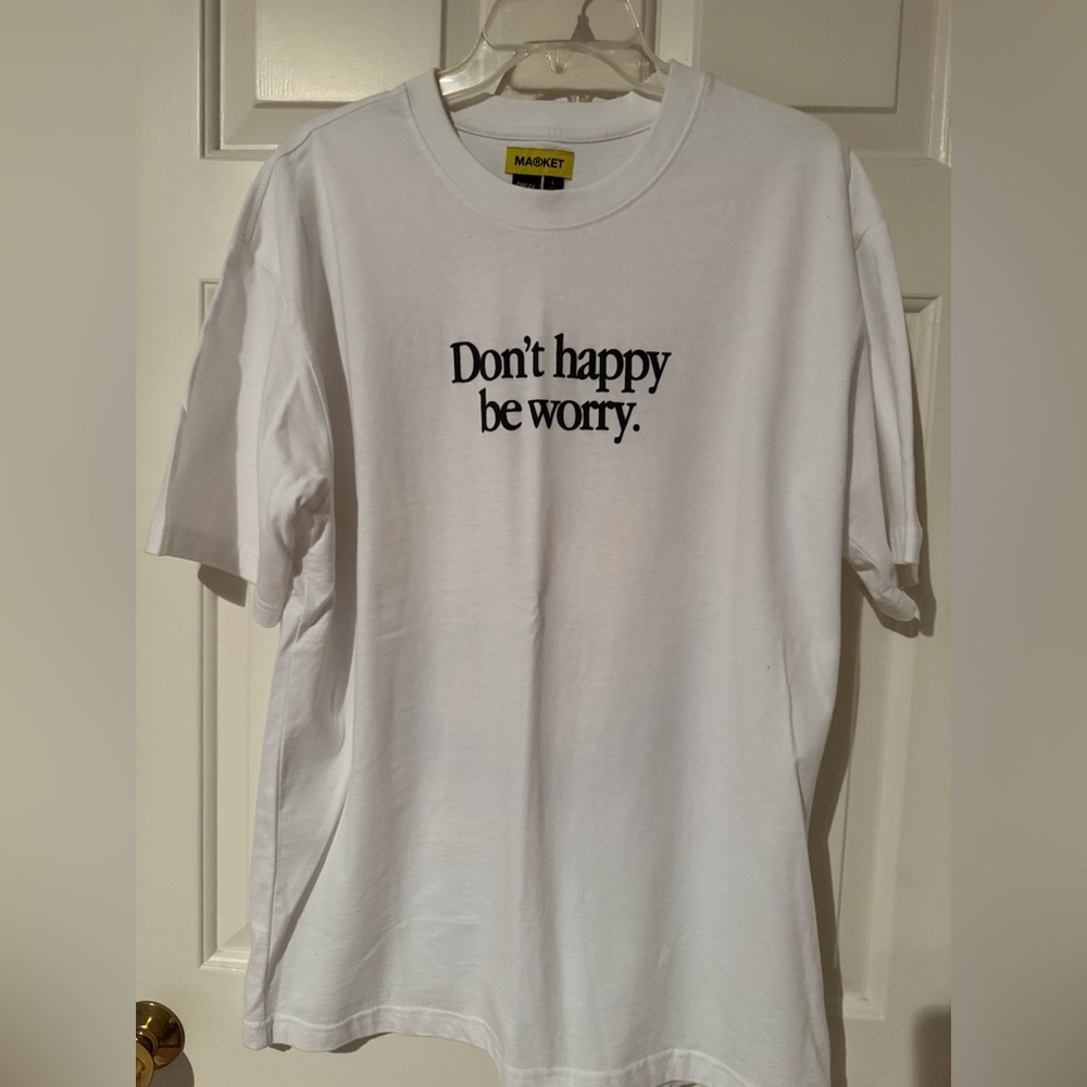 Market Smiley White Tee with colorful graphic smiley on the back